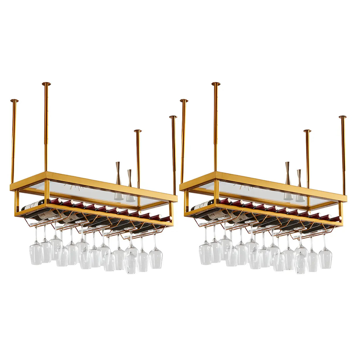 Gold Rectangle Metal Large Wine Rack with Glass Holder Image - 9