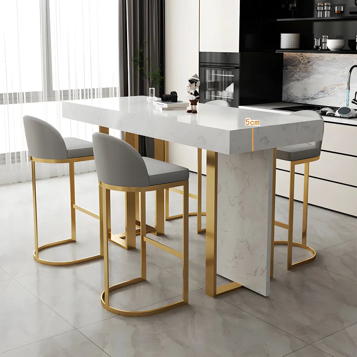 Gold Rectangle White Marble Top Iron Dining Bar Table Image - 11