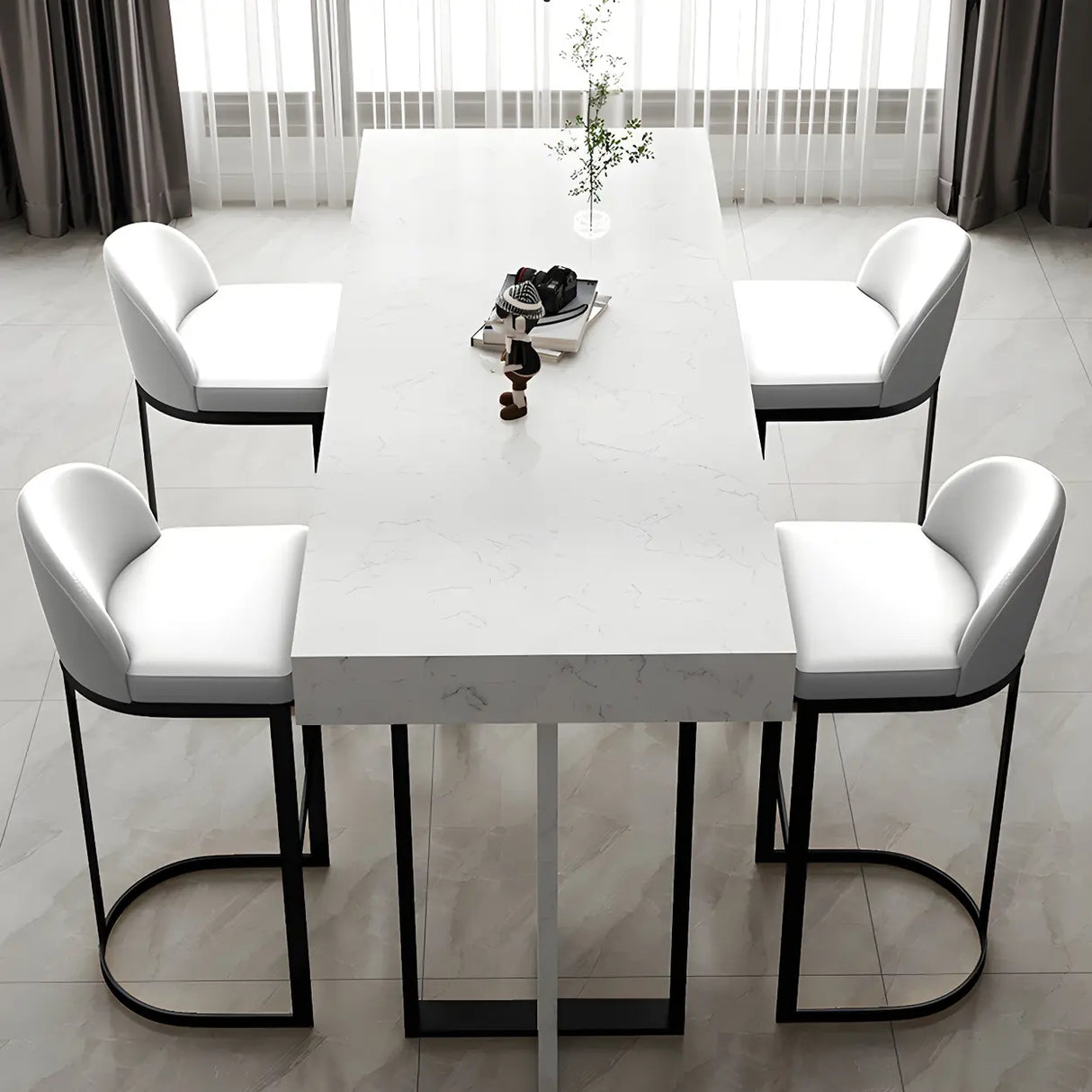 Gold Rectangle White Marble Top Iron Dining Bar Table Image - 16