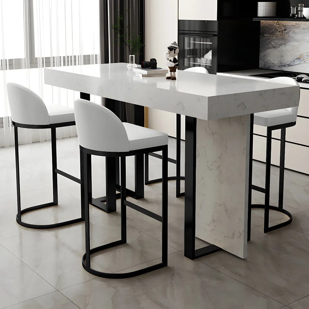 Gold Rectangle White Marble Top Iron Dining Bar Table Image - 5