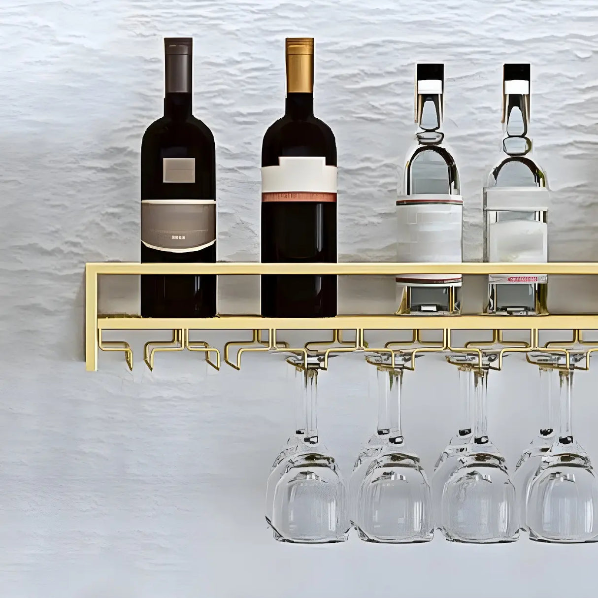 Gold Rectangular Metal Floating Wall Mount Holder Wine Rack Image - 11