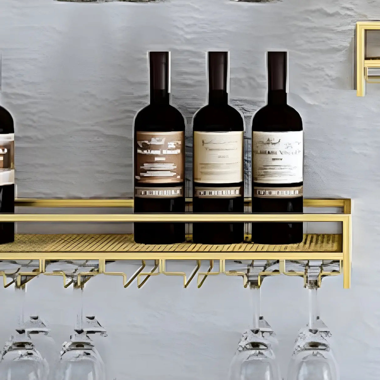 Gold Rectangular Metal Floating Wall Mount Holder Wine Rack Image - 12