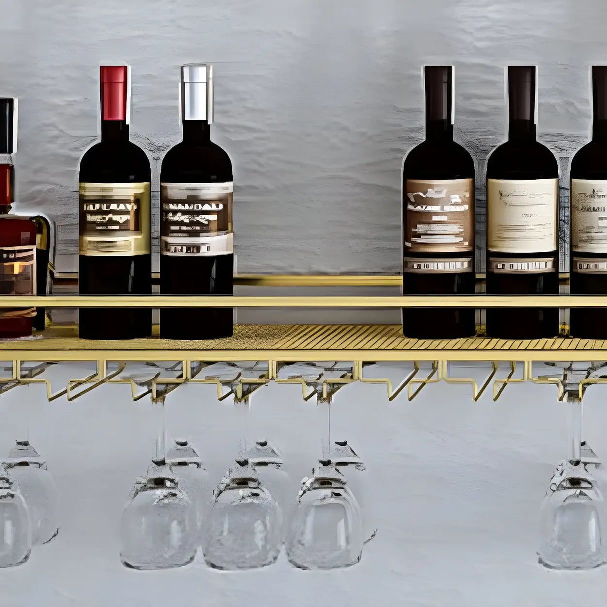 Gold Rectangular Metal Floating Wall Mount Holder Wine Rack Image - 13