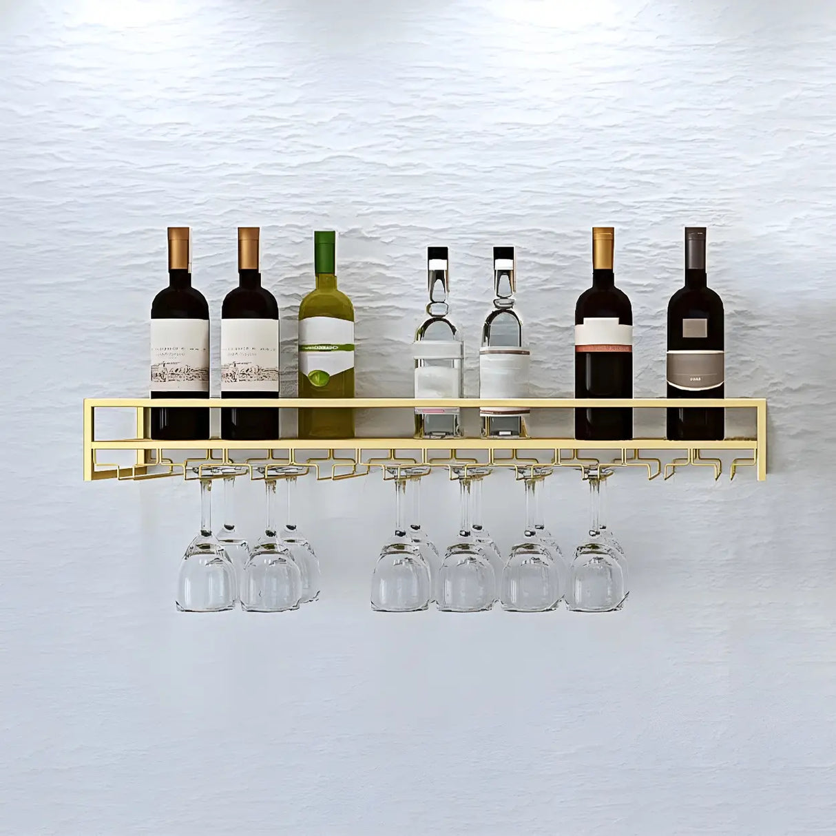 Gold Rectangular Metal Floating Wall Mount Holder Wine Rack Image - 14