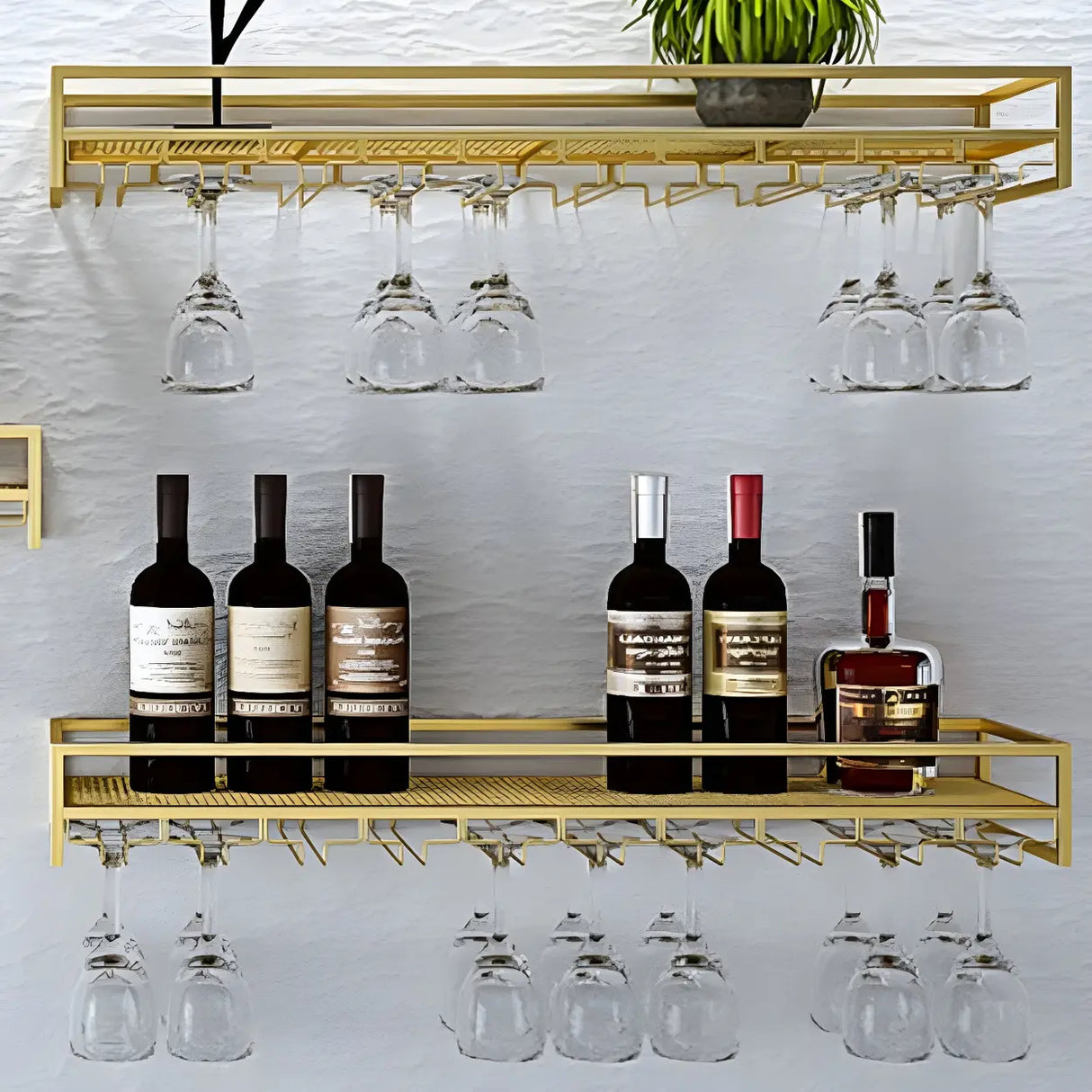 Gold Rectangular Metal Floating Wall Mount Holder Wine Rack Image - 15