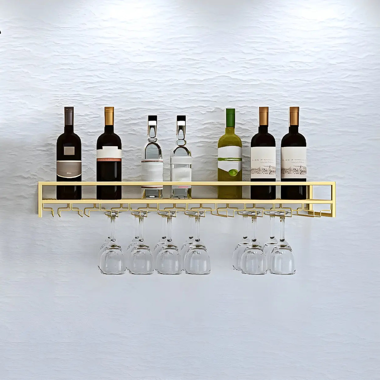 Gold Rectangular Metal Floating Wall Mount Holder Wine Rack Image - 1