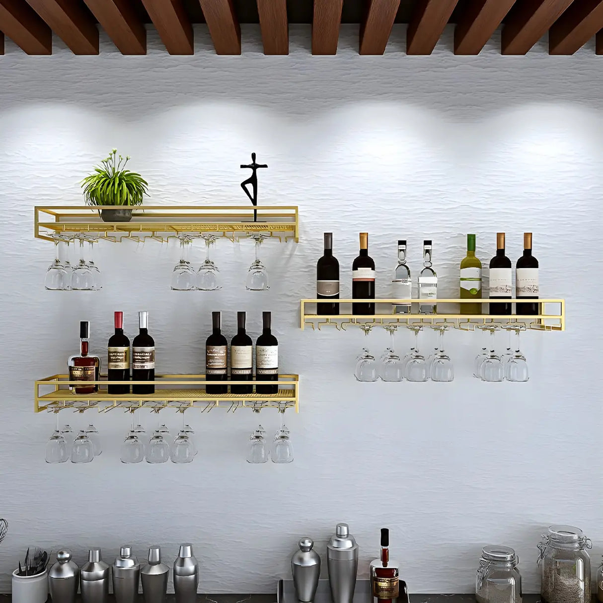 Gold Rectangular Metal Floating Wall Mount Holder Wine Rack Image - 4