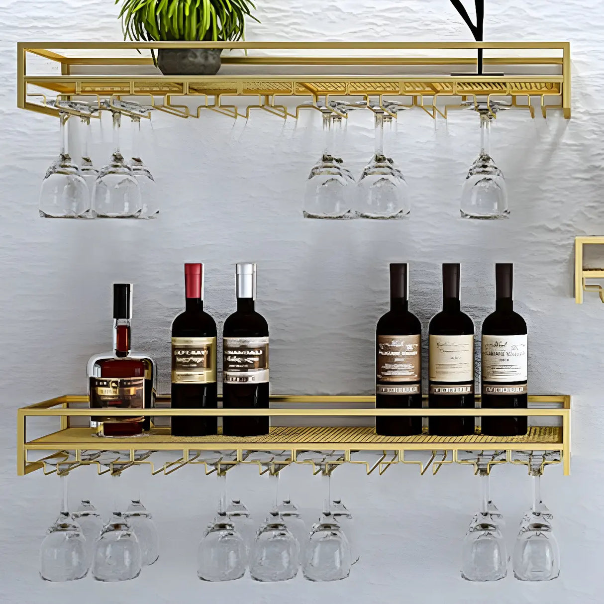 Gold Rectangular Metal Floating Wall Mount Holder Wine Rack Image - 6