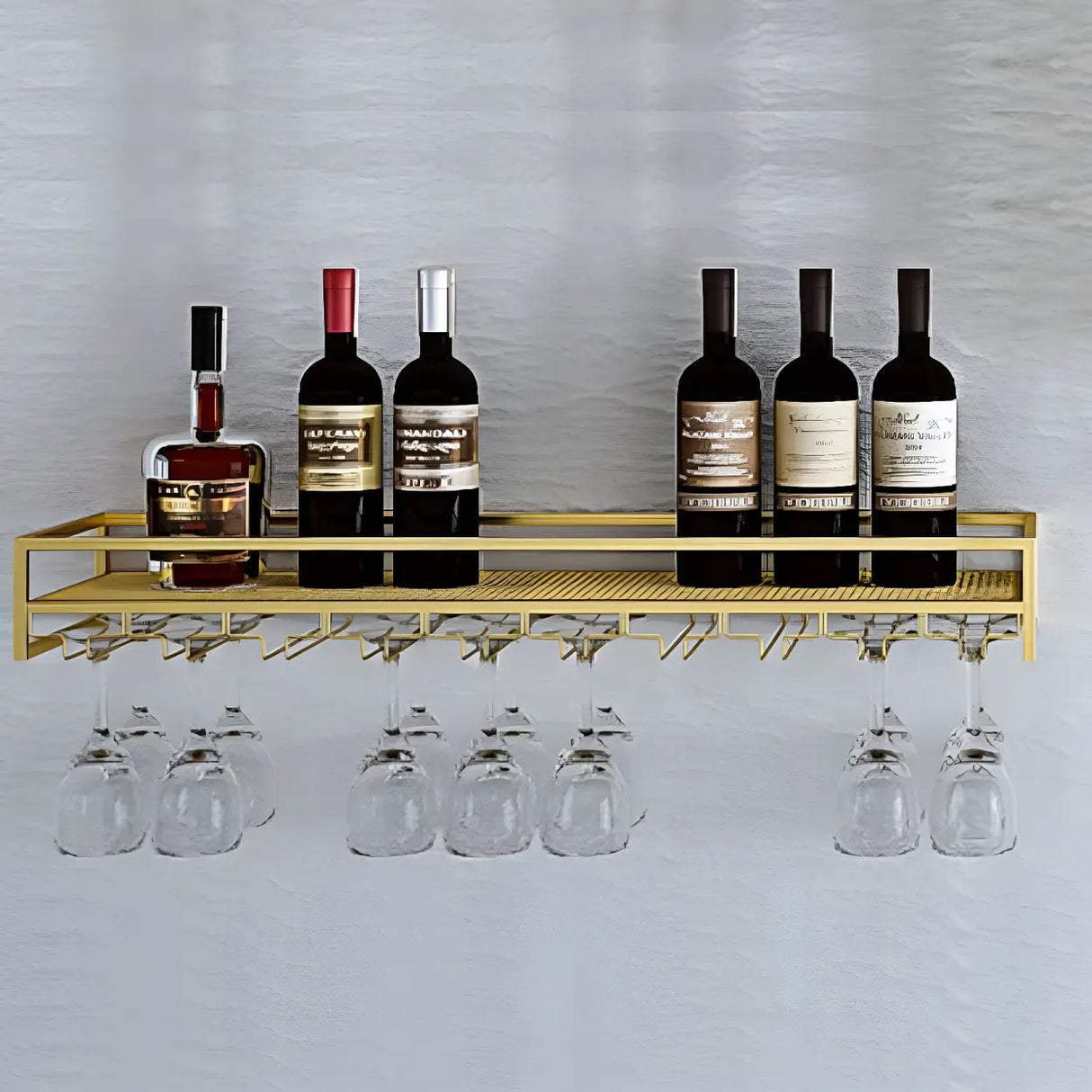 Gold Rectangular Metal Floating Wall Mount Holder Wine Rack Image - 7