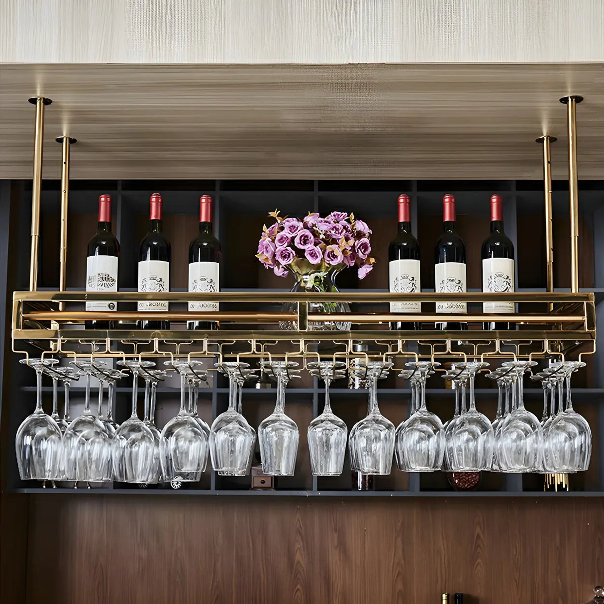 Gold Rectangular Metal Hanging Bar Adjustable Wine Glass Rack Image - 14