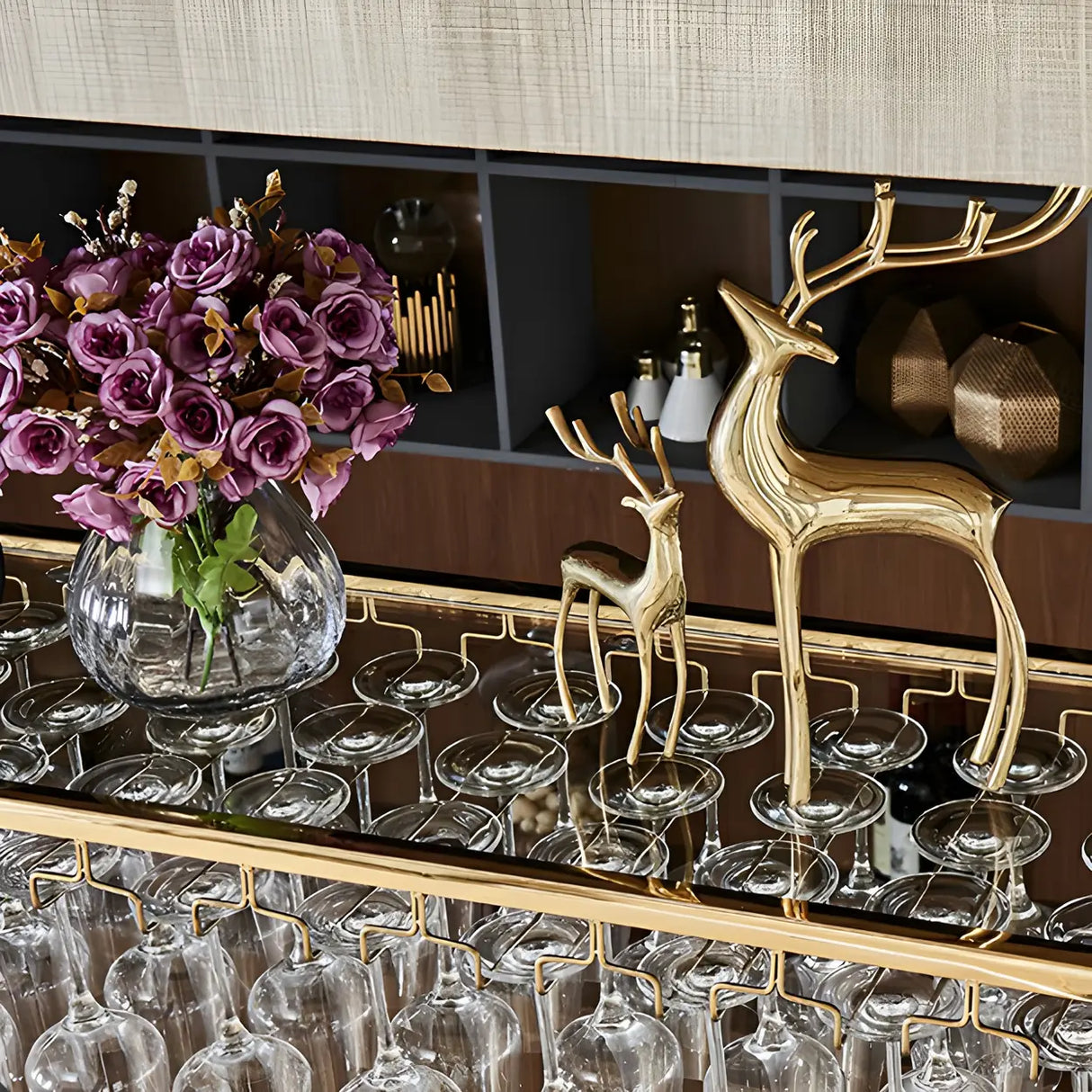 Gold Rectangular Metal Hanging Bar Adjustable Wine Glass Rack Image - 16