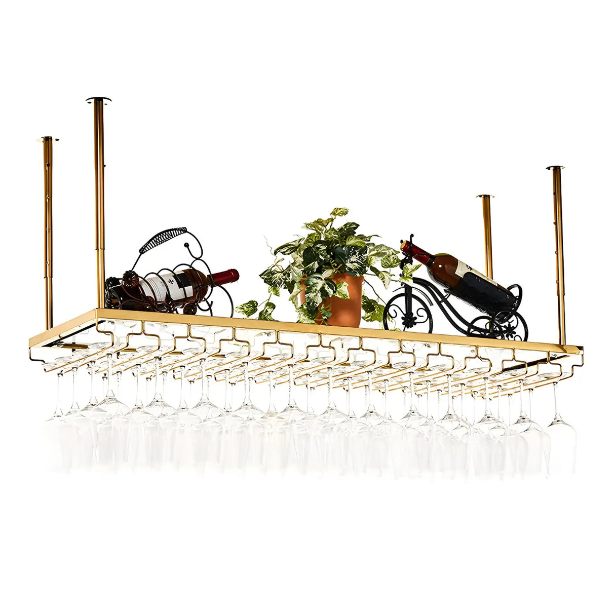 Gold Rectangular Metal Hanging Bar Adjustable Wine Glass Rack Image - 22