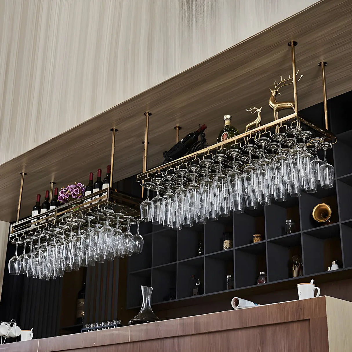 Gold Rectangular Metal Hanging Bar Adjustable Wine Glass Rack Image - 26