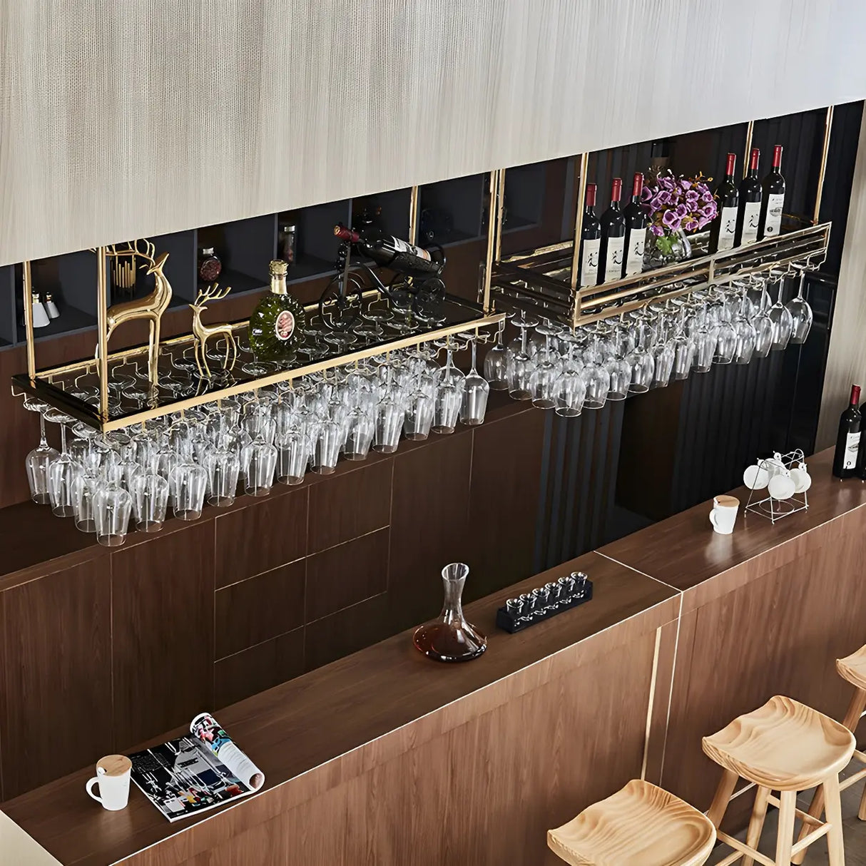 Gold Rectangular Metal Hanging Bar Adjustable Wine Glass Rack Image - 27