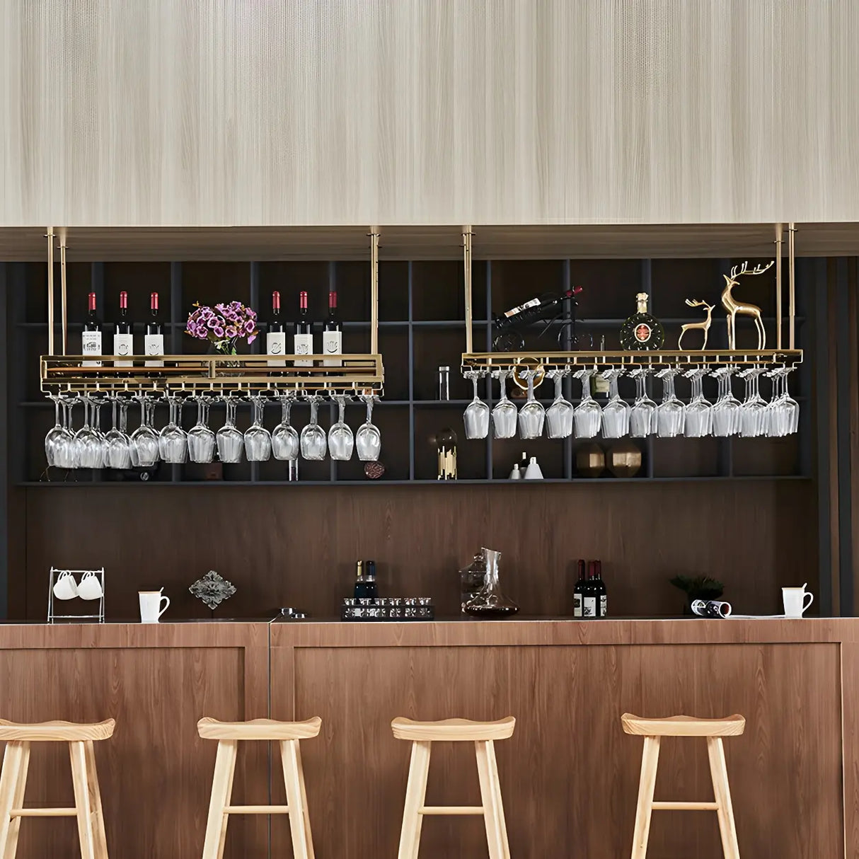 Gold Rectangular Metal Hanging Bar Adjustable Wine Glass Rack Image - 30