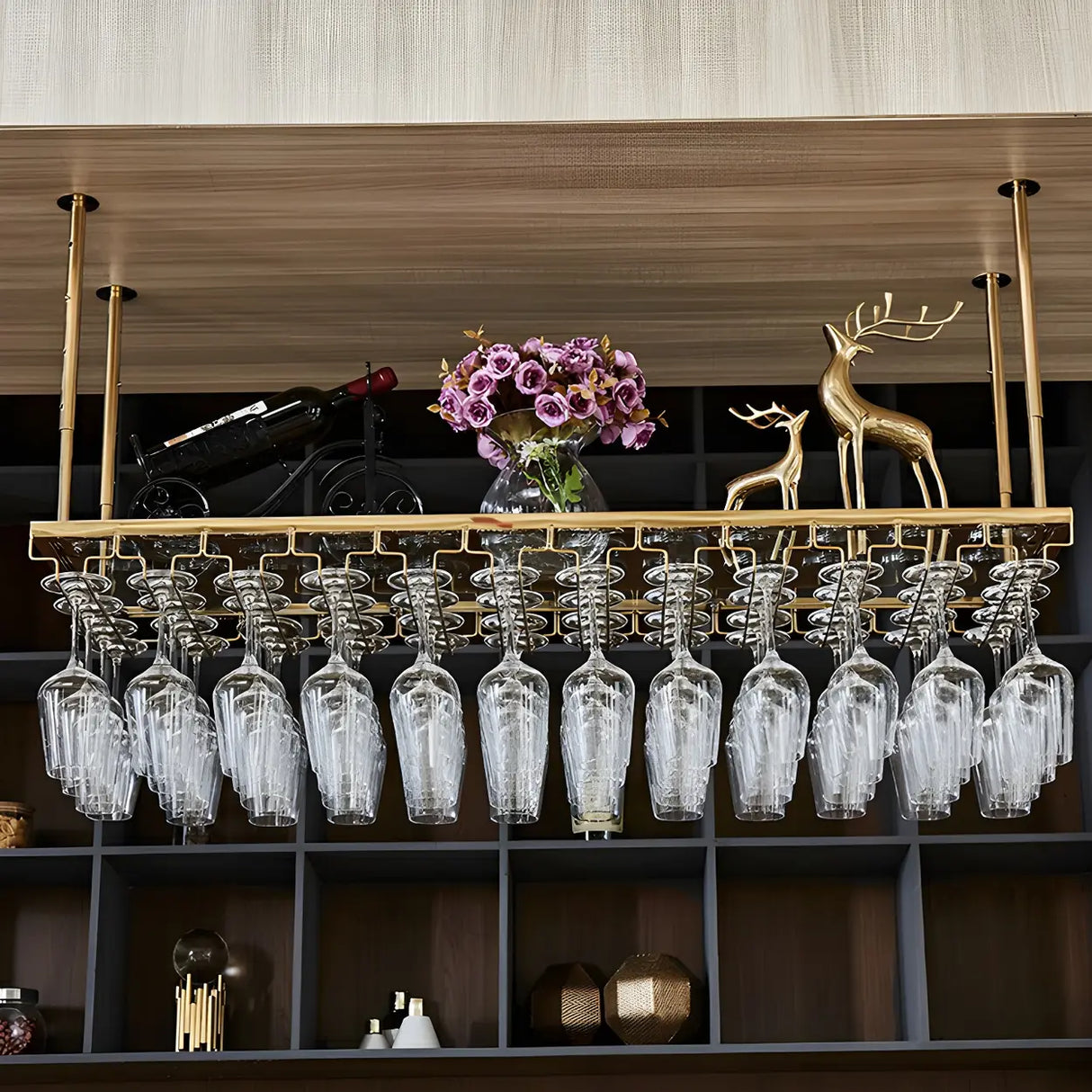 Gold Rectangular Metal Hanging Bar Adjustable Wine Glass Rack Image - 34