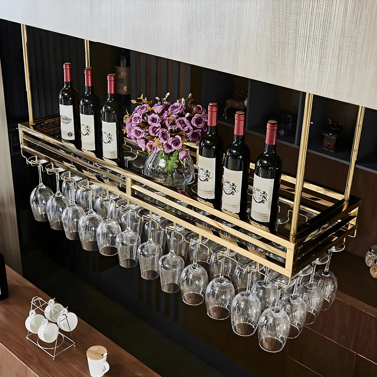 Gold Rectangular Metal Hanging Bar Adjustable Wine Glass Rack Image - 4