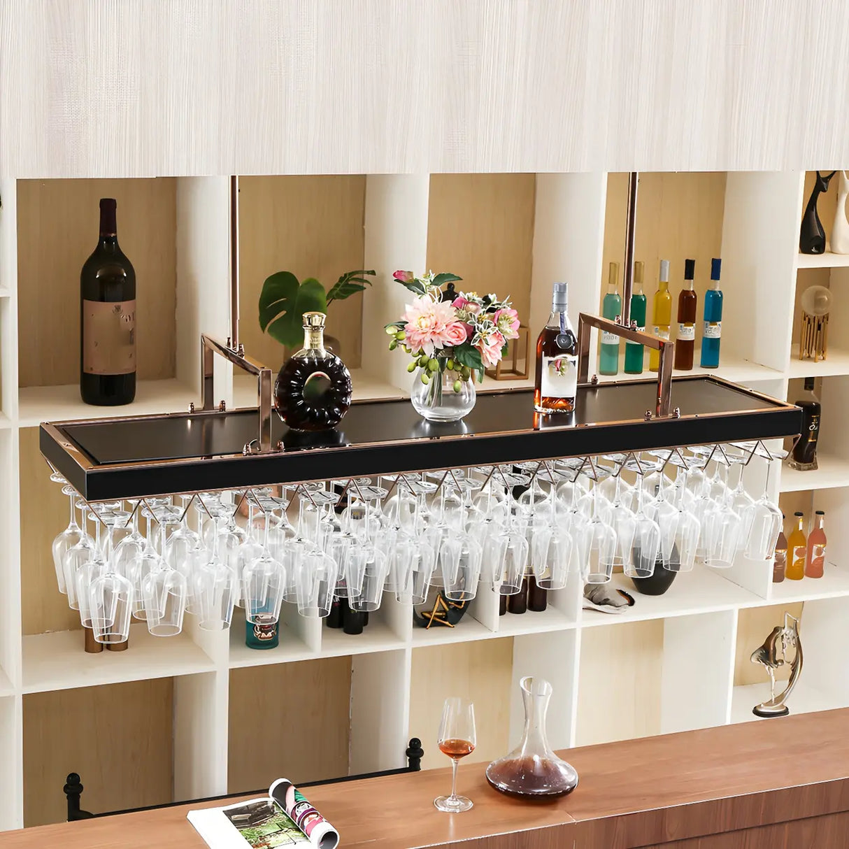 Gold Rectangular Metal Hanging Wine Rack Glass Holder Image - 6