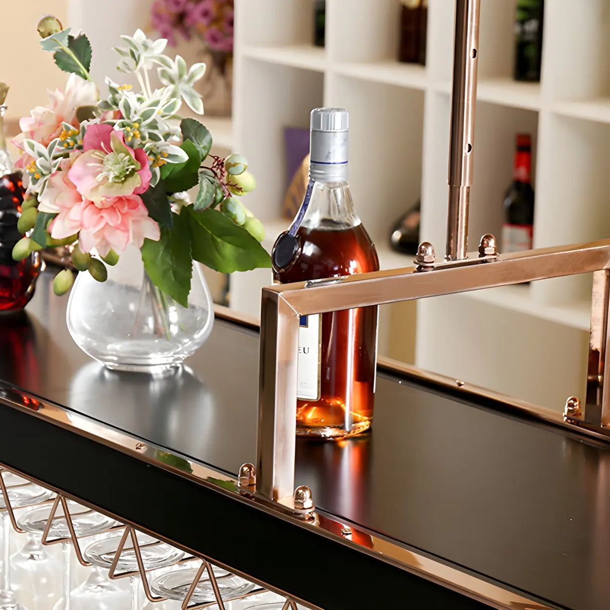 Gold Rectangular Metal Hanging Wine Rack Glass Holder Image - 9