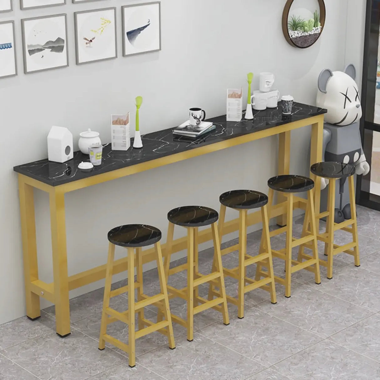 Gold Rectangular Metal Large Bar Table with Leg Rest Image - 3