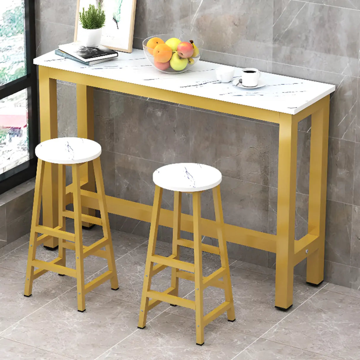 Gold Rectangular Metal Large Bar Table with Leg Rest Image - 4