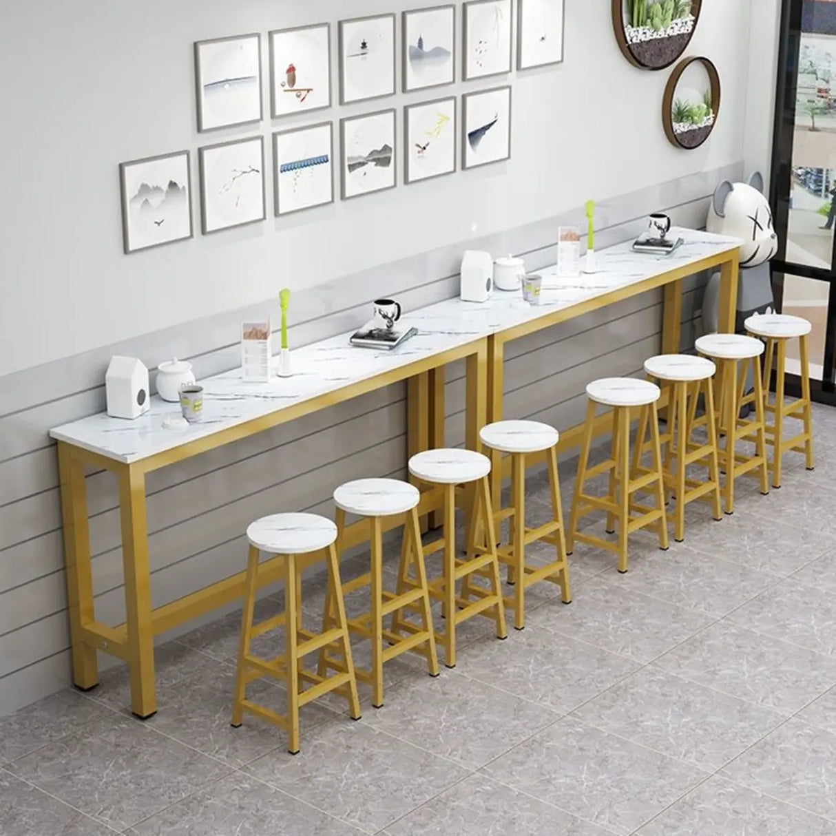 Gold Rectangular Metal Large Bar Table with Leg Rest Image - 5