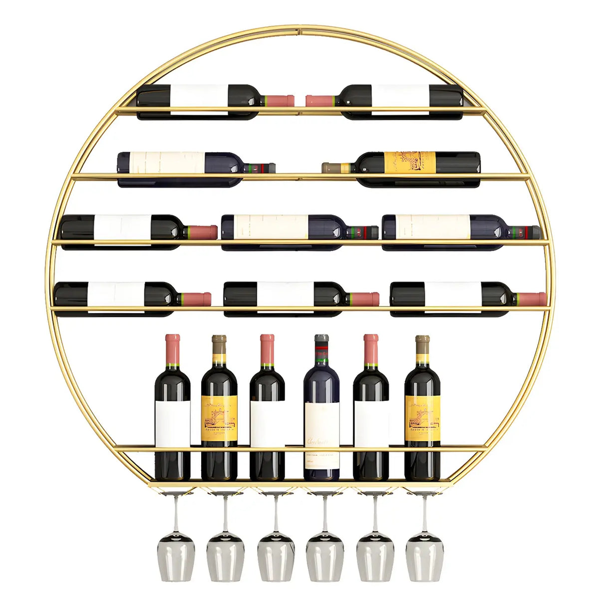 Gold Round Iron Floating Wall Stemware Holders Wine Rack Image - 13