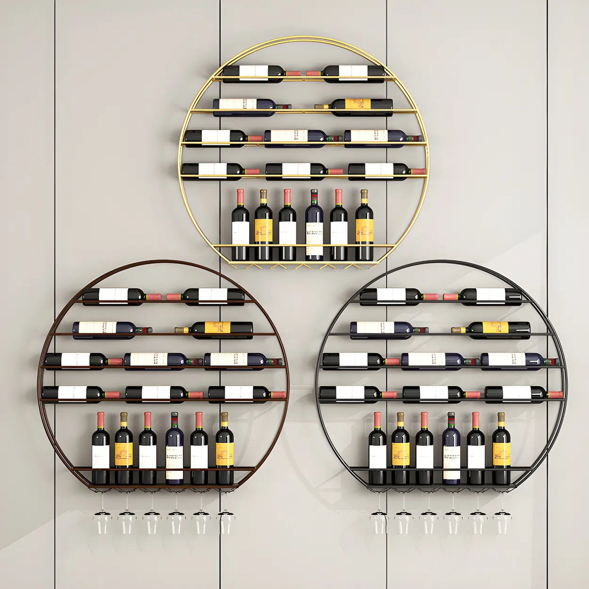 Gold Round Iron Floating Wall Stemware Holders Wine Rack Image - 19