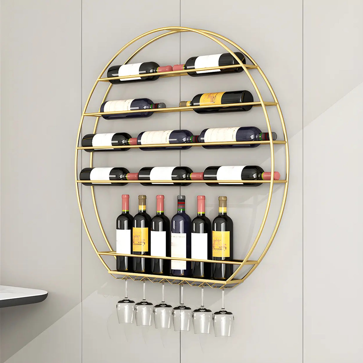 Gold Round Iron Floating Wall Stemware Holders Wine Rack Image - 5