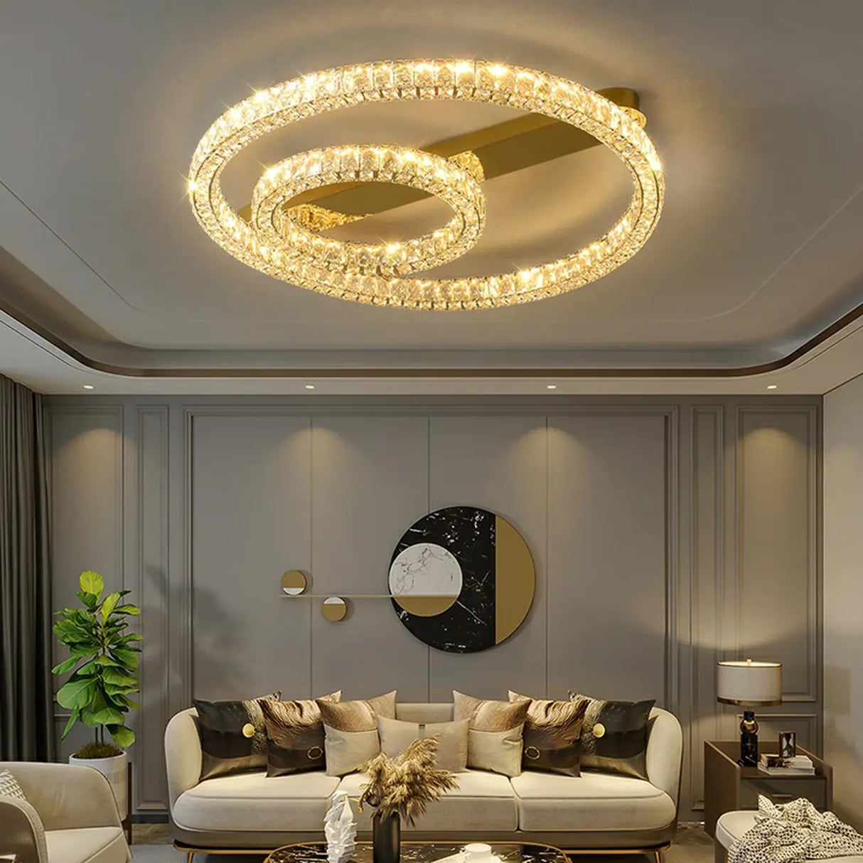 Gold Two Circular Crystal Semi-Flush Mount Ceiling Lamp Image - 1