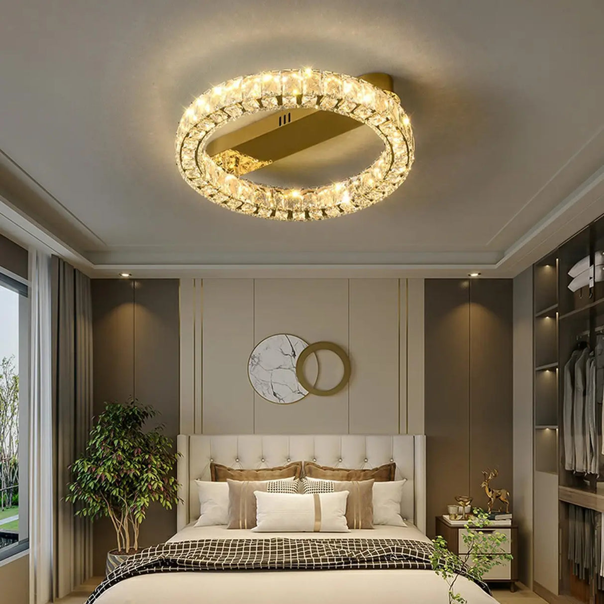 Gold Two Circular Crystal Semi-Flush Mount Ceiling Lamp Image - 18