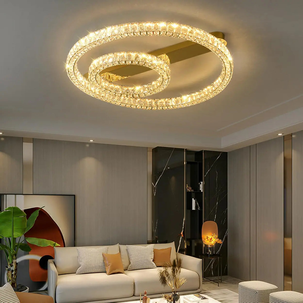 Gold Two Circular Crystal Semi-Flush Mount Ceiling Lamp Image - 4