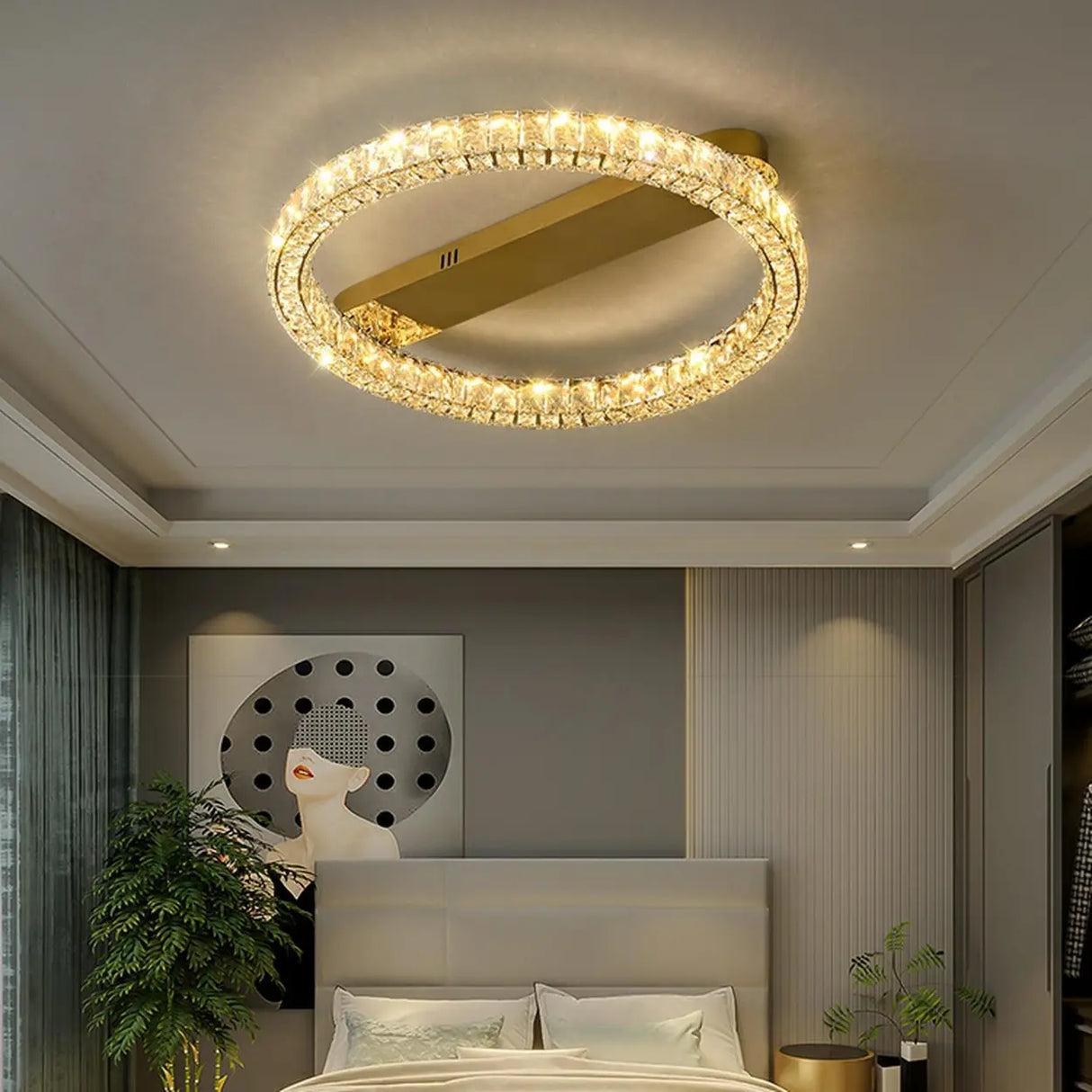 Gold Two Circular Crystal Semi-Flush Mount Ceiling Lamp Image - 6