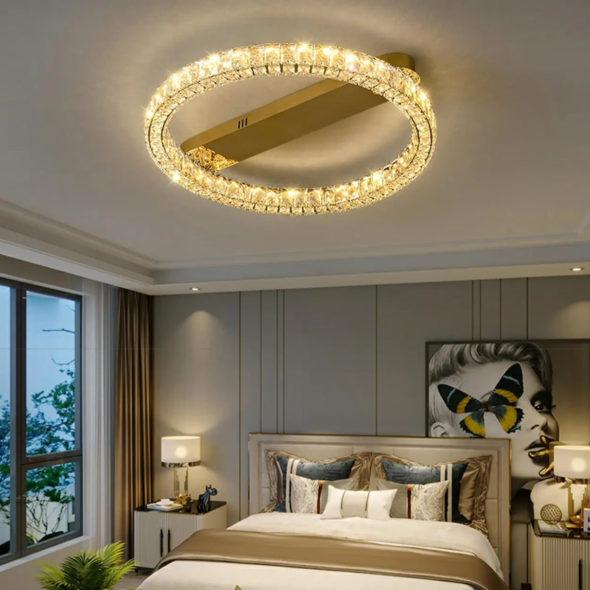 Gold Two Circular Crystal Semi-Flush Mount Ceiling Lamp Image - 7