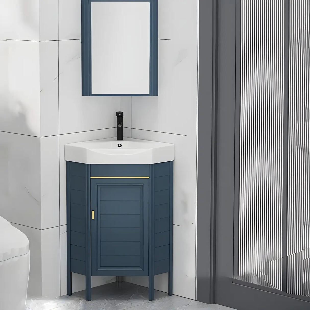 Gorgeous Sink Blue Tone Free-standing Corner Bathroom Vanity Image - 1