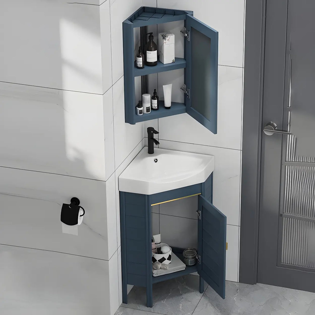 Gorgeous Sink Blue Tone Free-standing Corner Bathroom Vanity Image - 4