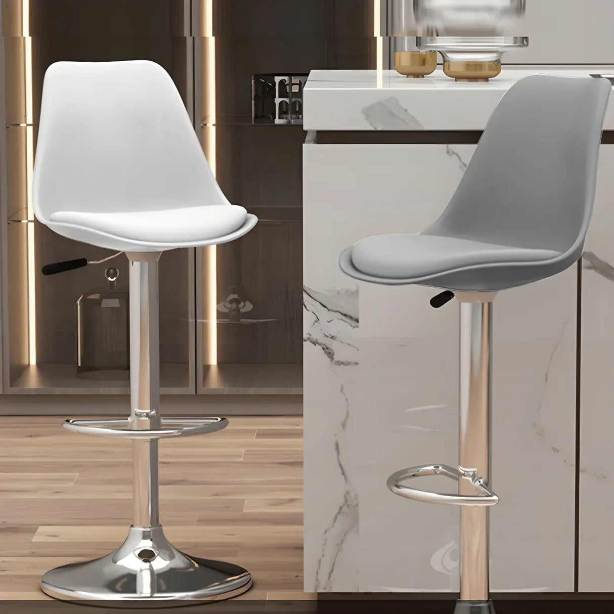 Gray Adjustable Swivel Leather Bar Stool with Footrest Image - 7