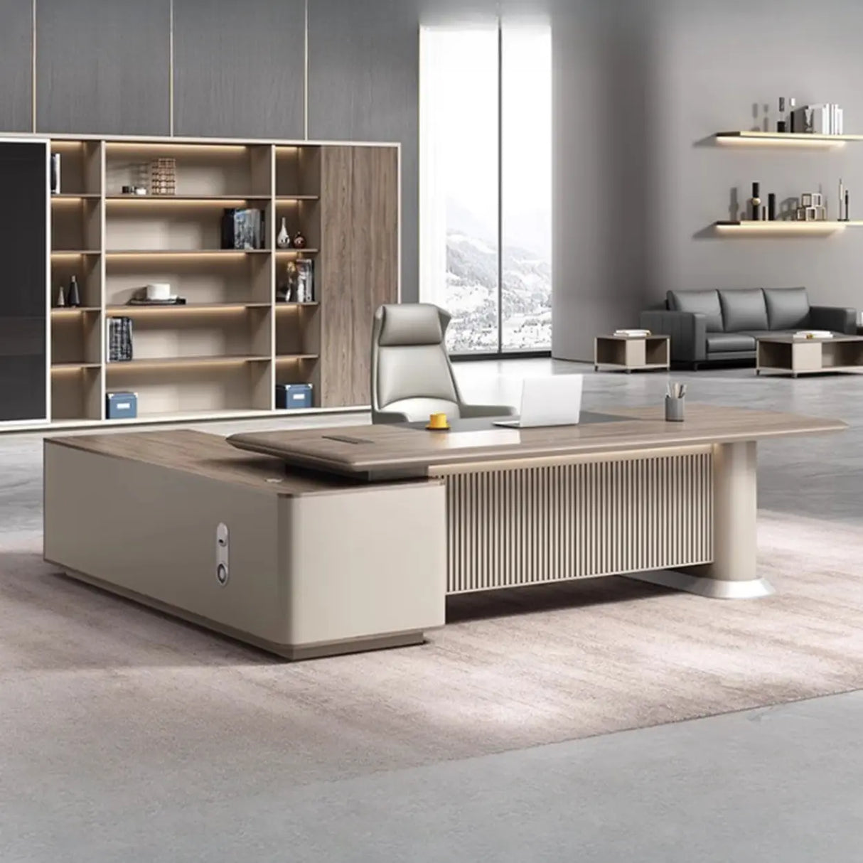 Gray Base Long L-Shaped Brown Wooden Executive Desk Image - 1