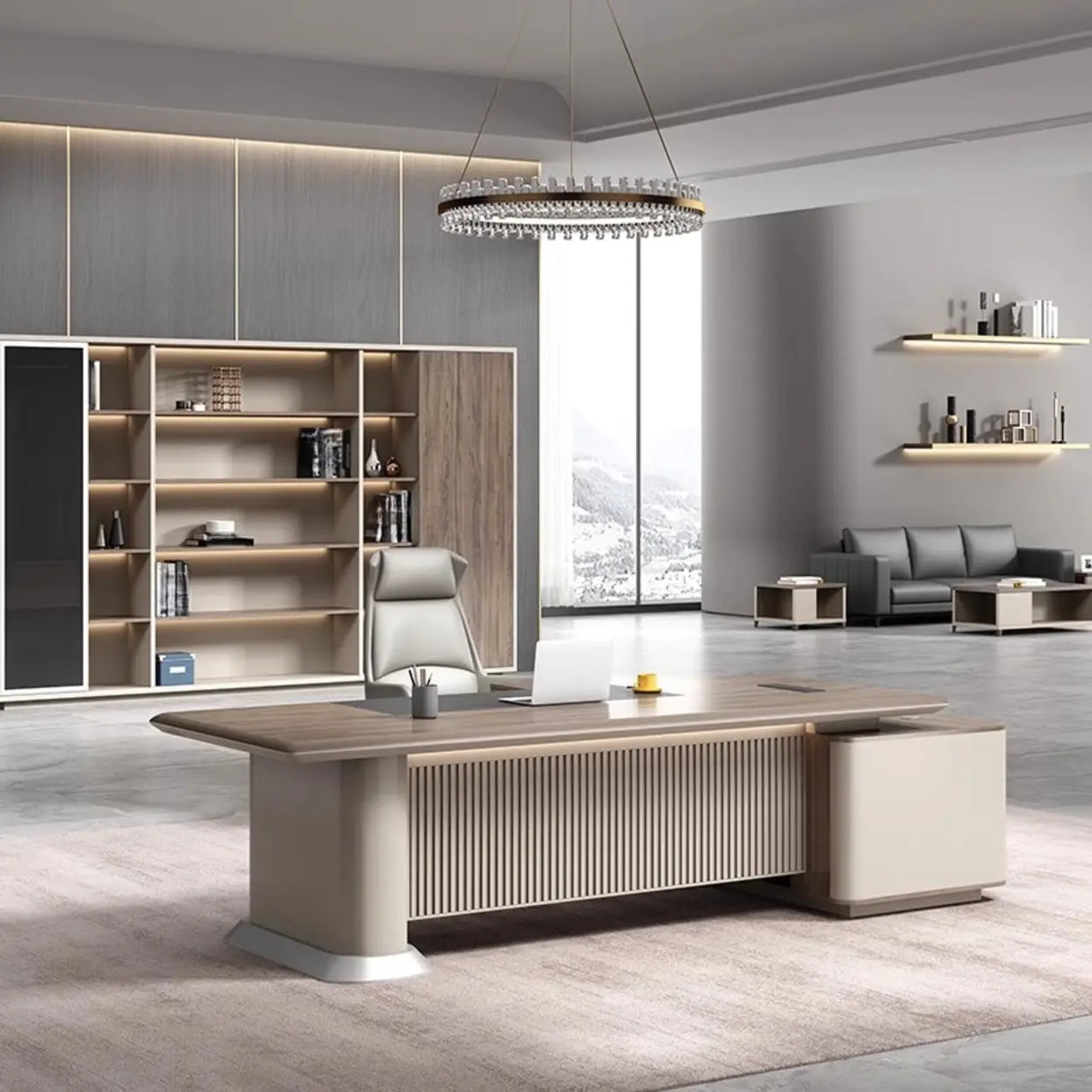 Gray Base Long L-Shaped Brown Wooden Executive Desk Image - 2