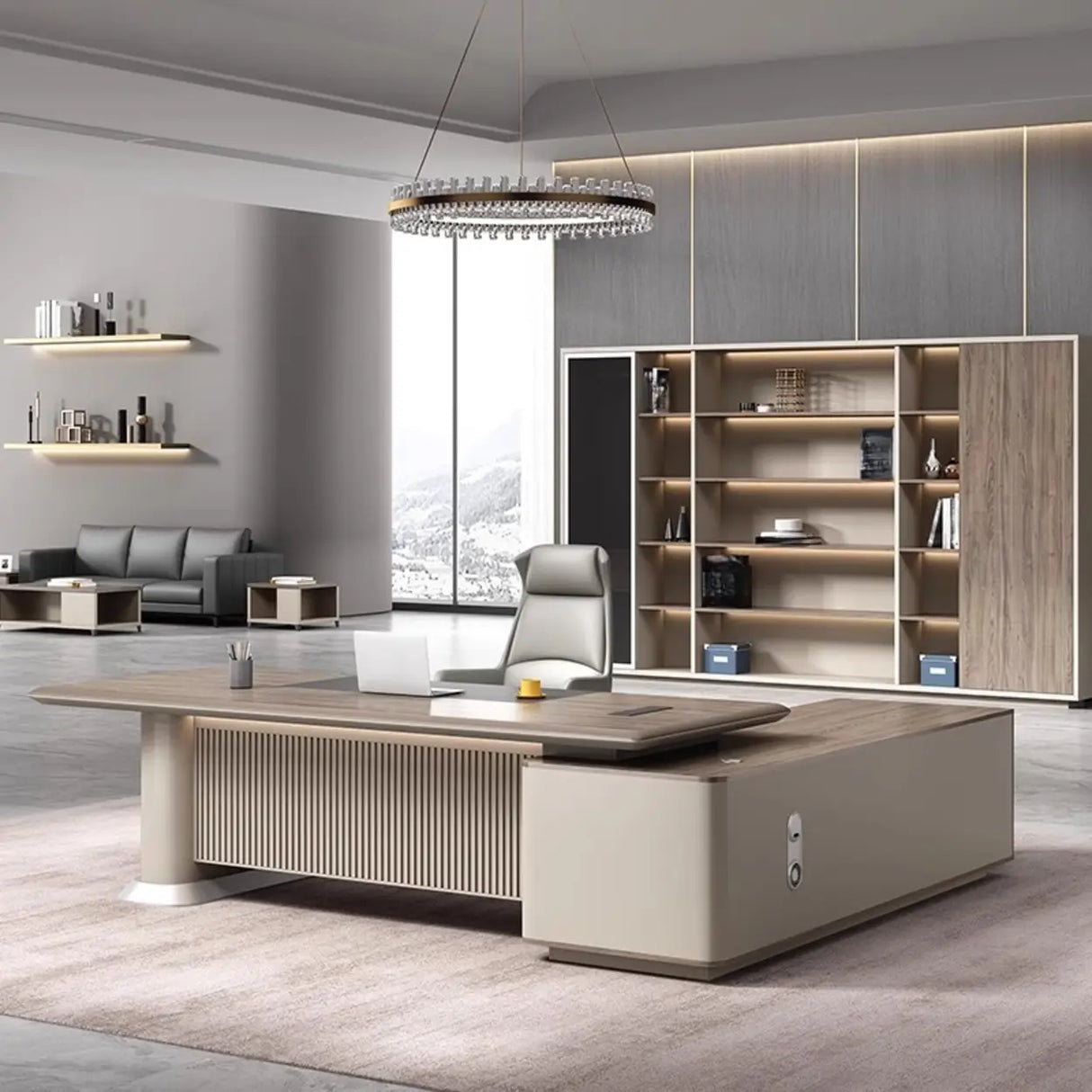 Gray Base Long L-Shaped Brown Wooden Executive Desk Image - 3