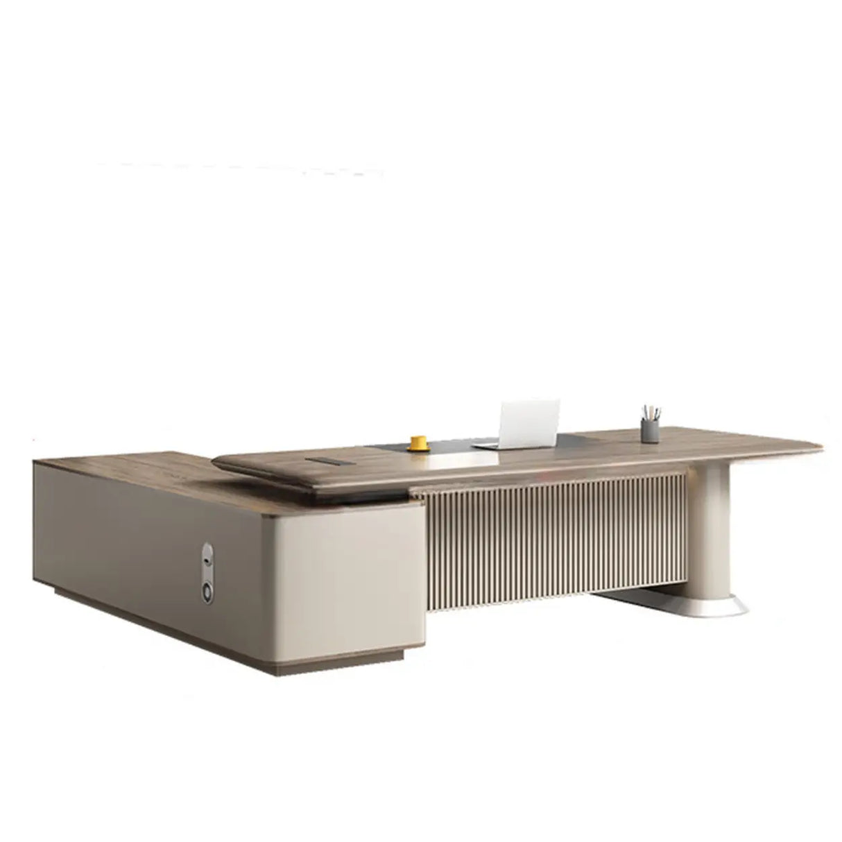 Gray Base Long L-Shaped Brown Wooden Executive Desk Image - 4