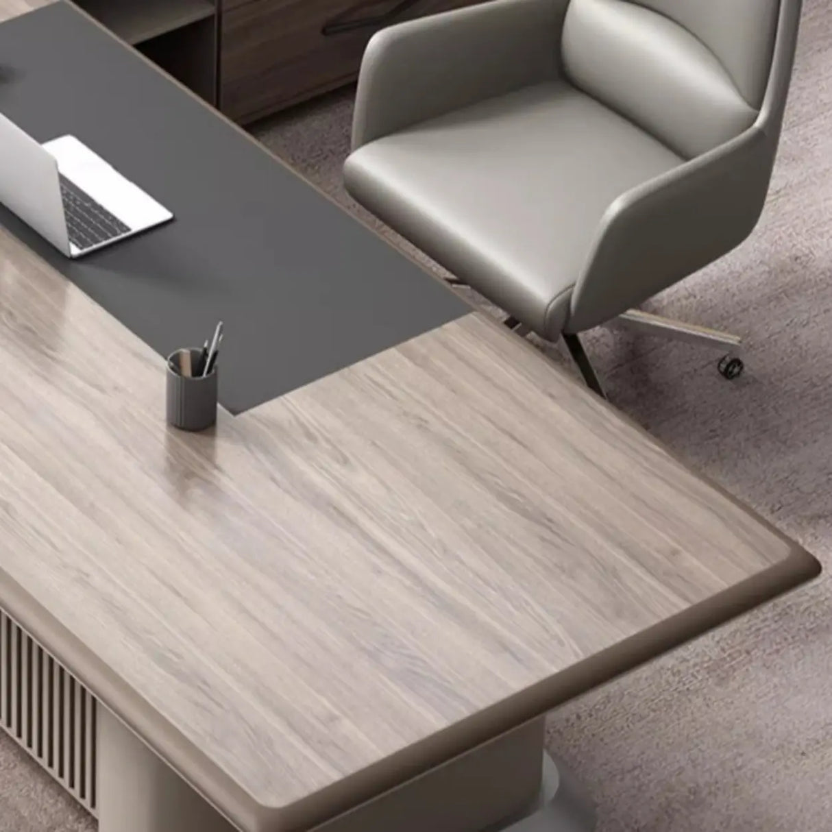 Gray Base Long L-Shaped Brown Wooden Executive Desk Image - 9