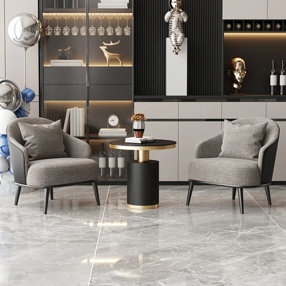 Gray-Black Coarse Linen Curved Back Pillow Accent Chair Image - 1