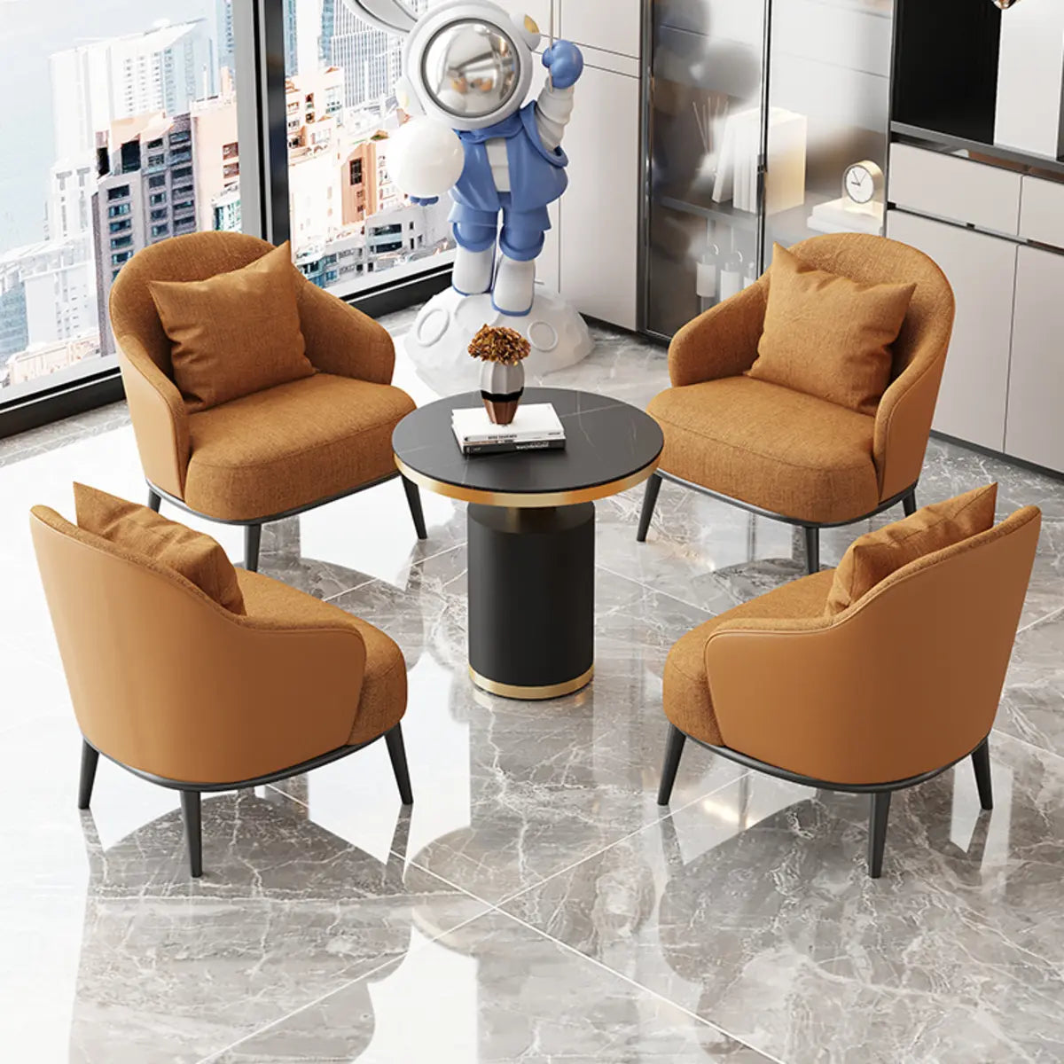 Gray-Black Coarse Linen Curved Back Pillow Accent Chair Image - 6