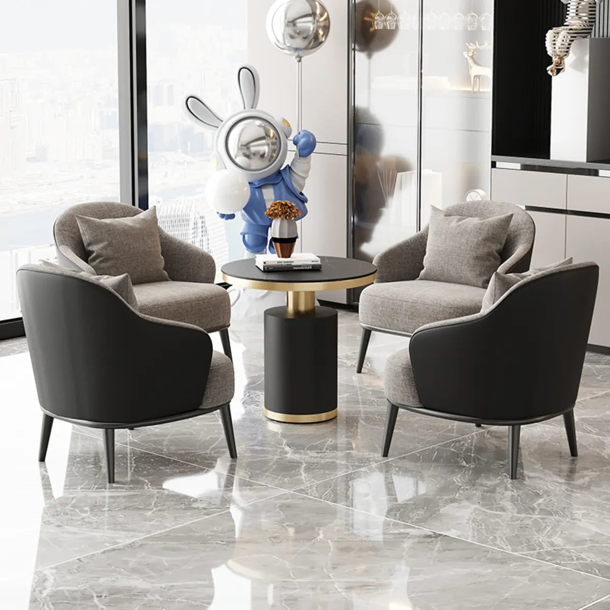 Gray-Black Coarse Linen Curved Back Pillow Accent Chair Image - 7