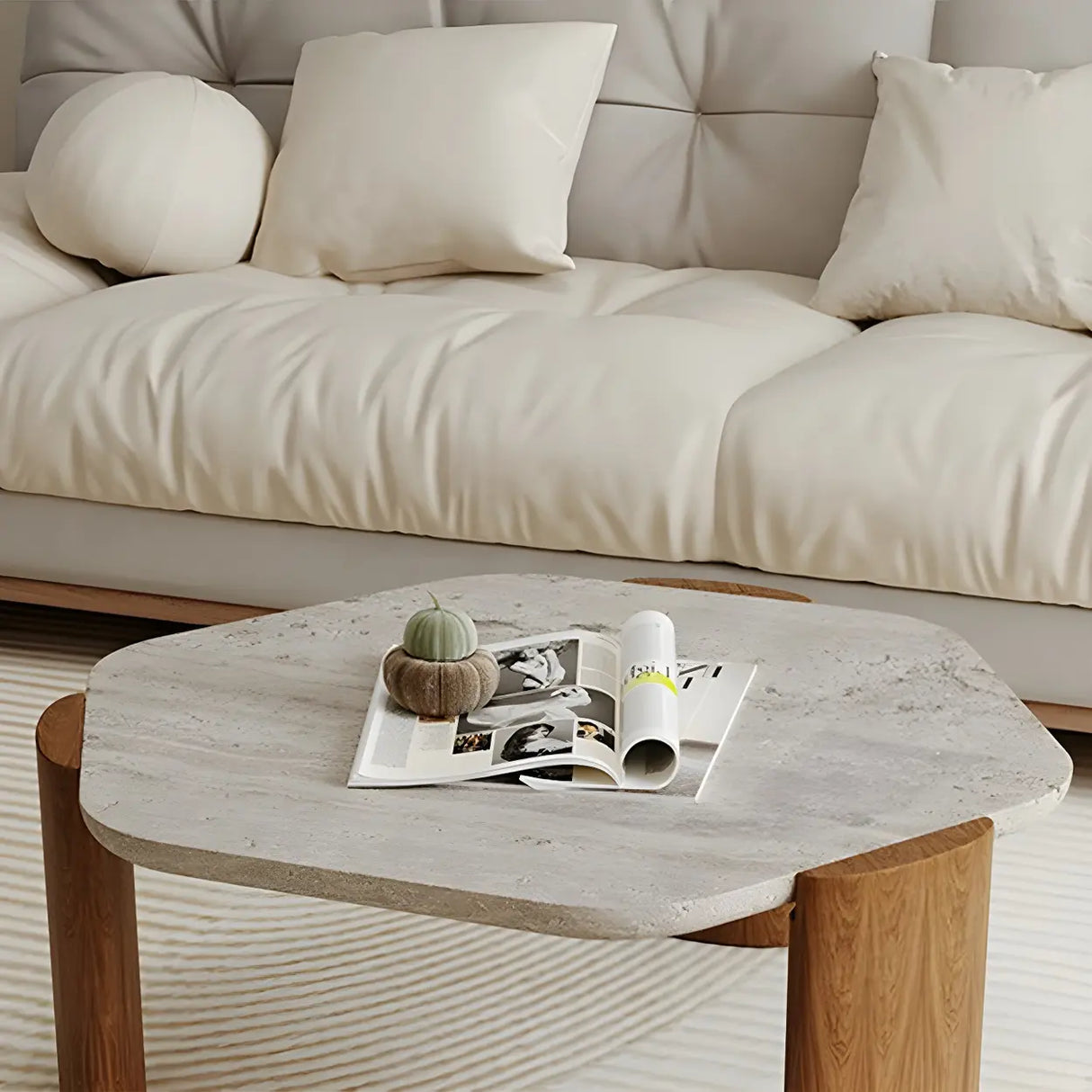 Gray Hexagon Travertine Coffee Table with Black Leg Image - 10