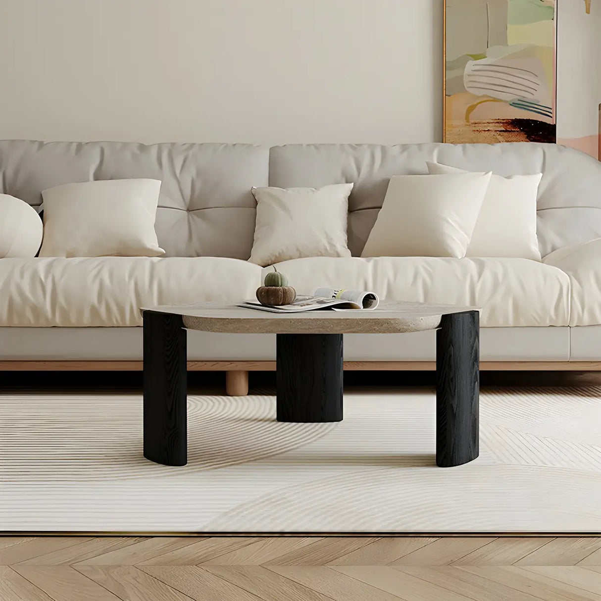 Gray Hexagon Travertine Coffee Table with Black Leg Image - 1