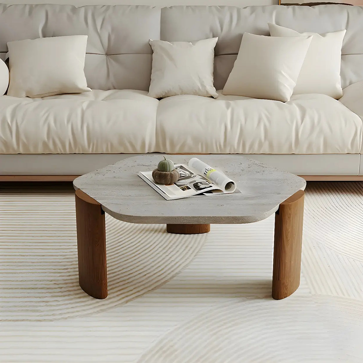 Gray Hexagon Travertine Coffee Table with Black Leg Image - 2