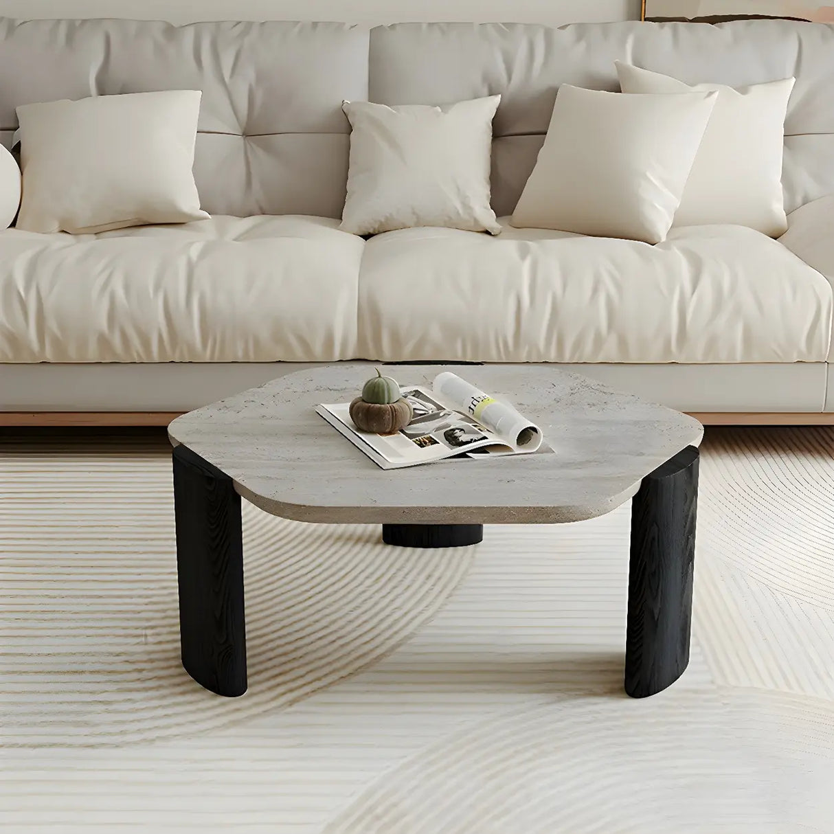 Gray Hexagon Travertine Coffee Table with Black Leg Image - 3