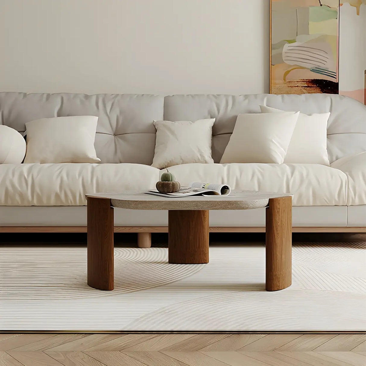 Gray Hexagon Travertine Coffee Table with Black Leg Image - 5